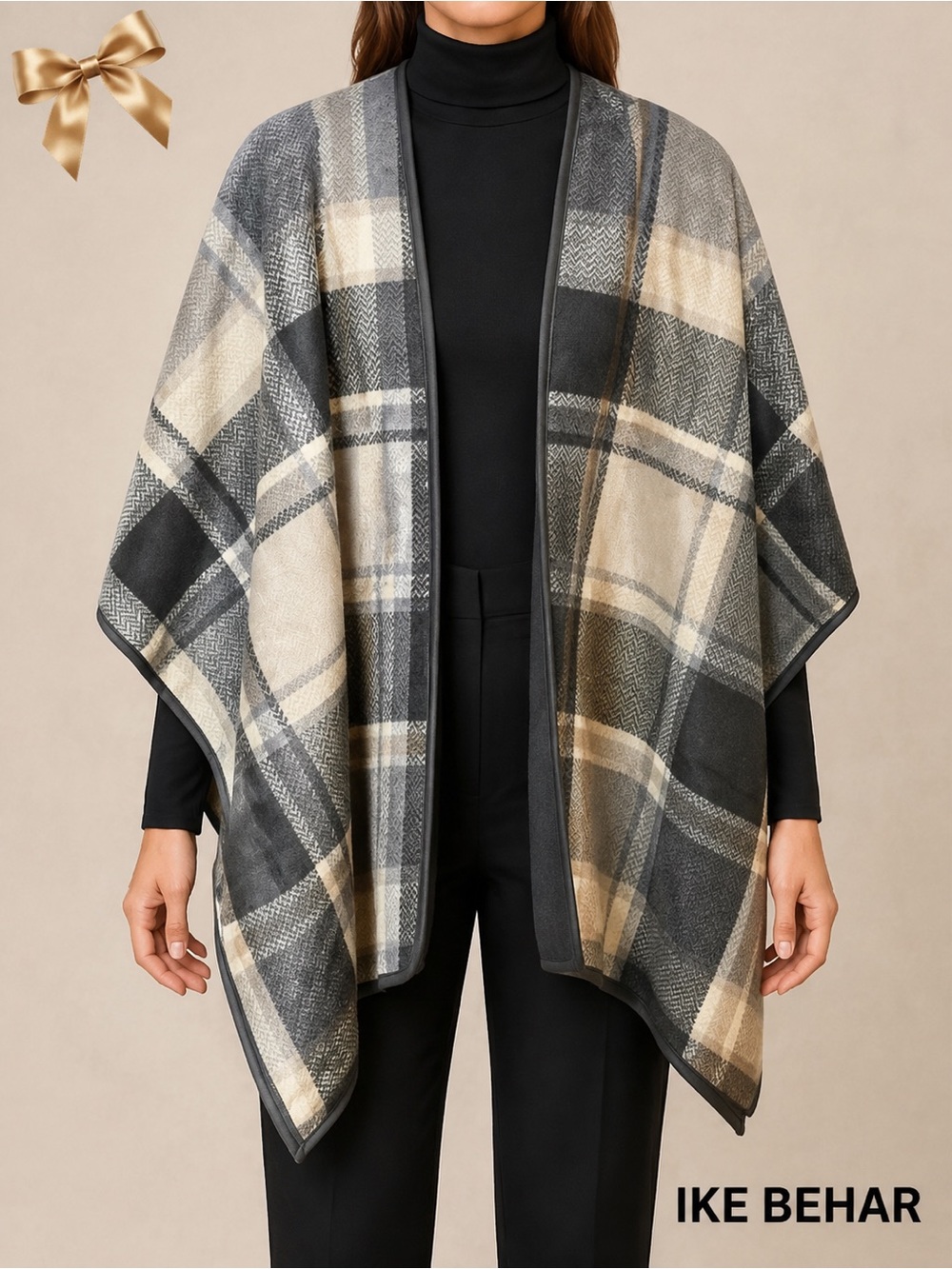 Ike Behar Poncho Cream Grey Plaid Fuzzy Polyester OS